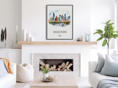 Modern living room with Houston skyline art.