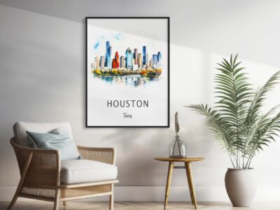 Houston skyline watercolor print on living room wall.