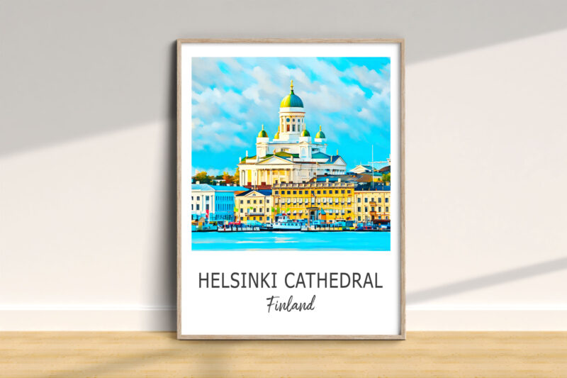Framed Helsinki Cathedral painting on wall.