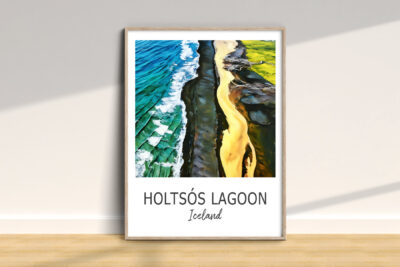 Colorful painting of Holtsós Lagoon, Iceland.