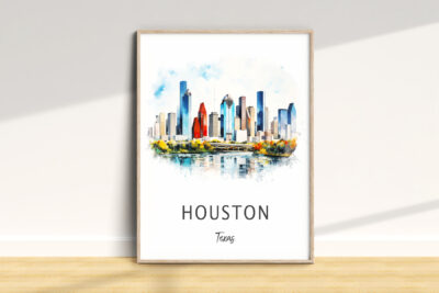 Houston skyline watercolor artwork with text