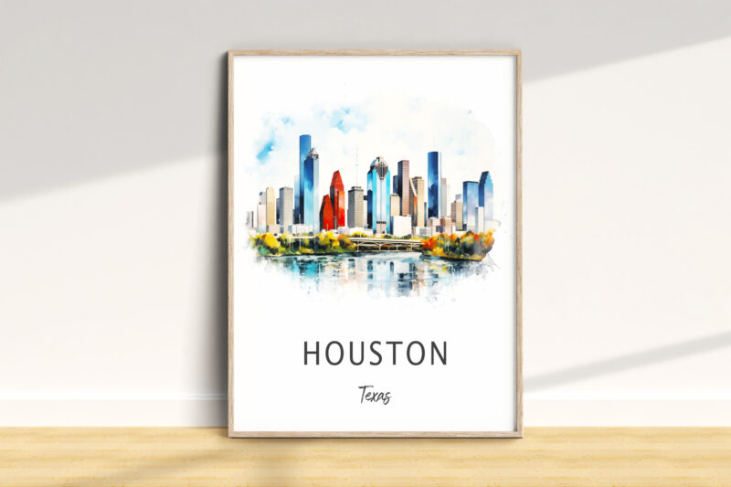 Houston skyline watercolor artwork with text