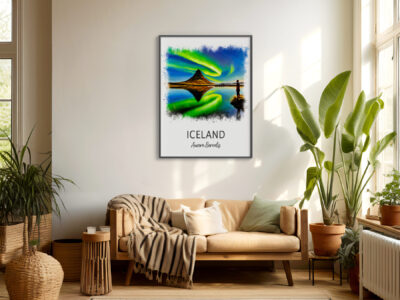 Cozy living room with Iceland landscape artwork.