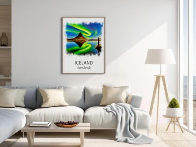 Living room with Iceland aurora borealis artwork.