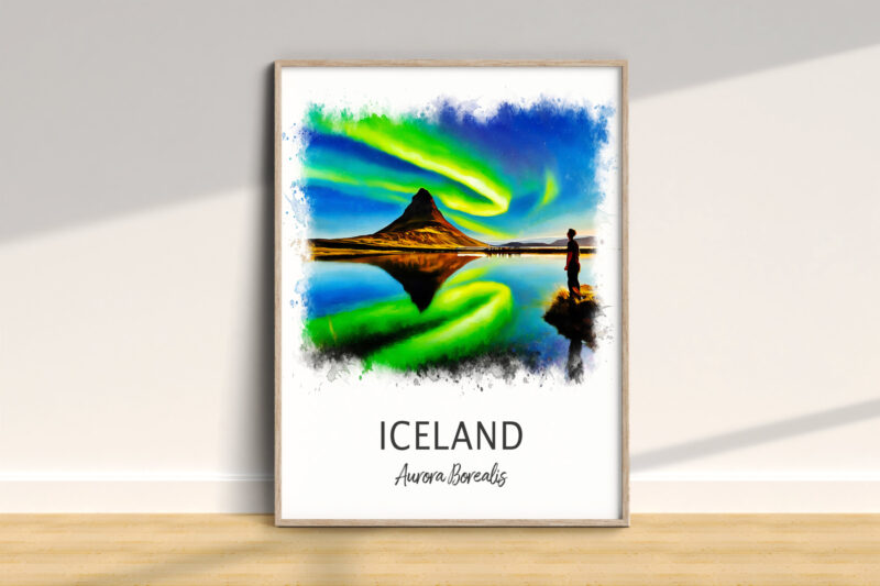 Iceland aurora borealis over mountain and reflection.