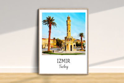 Izmir clock tower illustration, Turkey landmark art.