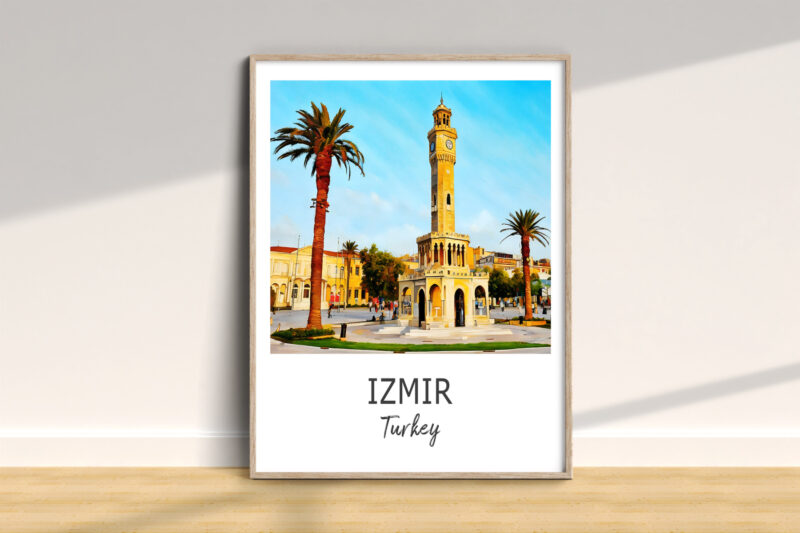 Izmir clock tower illustration, Turkey landmark art.