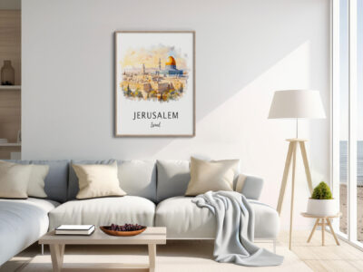 Modern living room with Jerusalem artwork on wall.