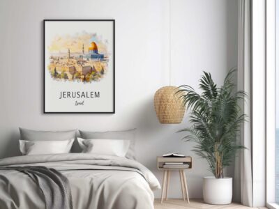 Modern bedroom with Jerusalem city print artwork.