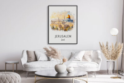 Modern living room with Jerusalem artwork.