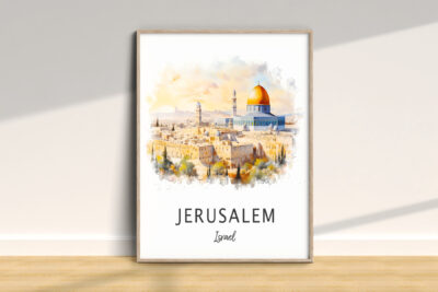 Artistic Jerusalem skyline watercolor print with Dome.