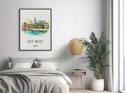 Bedroom with Key West poster and palm decor.