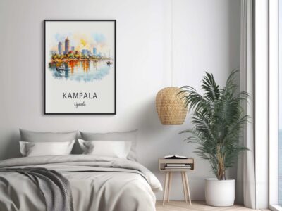 Bedroom with Kampala cityscape artwork.