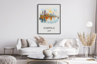 Kampala skyline wall art in elegant living room.