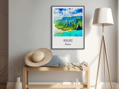 Kauai Hawaii poster in modern living room.