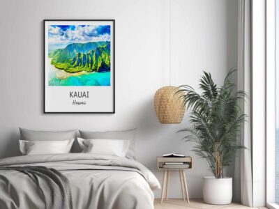 Bedroom with Kauai Hawaii poster and plant.