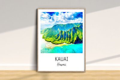Poster of Kauai, Hawaii landscape on wall.