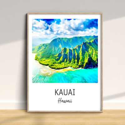 Poster of Kauai, Hawaii landscape on wall.