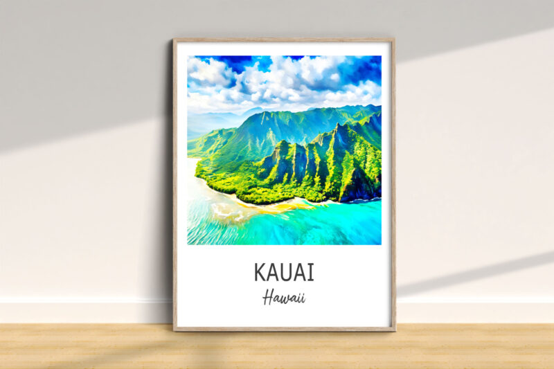 Poster of Kauai, Hawaii landscape on wall.