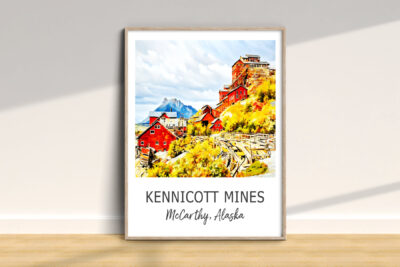 Kennicott Mines artwork with red buildings and mountains.