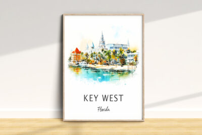 Colorful Key West landscape painting in frame.