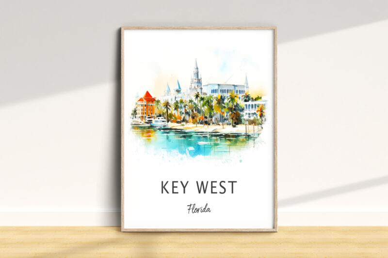 Colorful Key West landscape painting in frame.