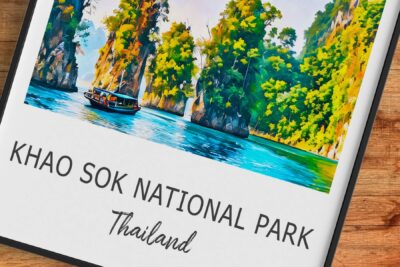 Khao Sok National Park watercolor, Thailand landscape.