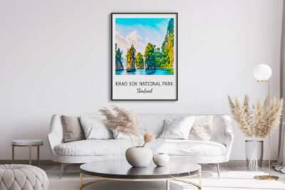 Modern living room with landscape wall art.