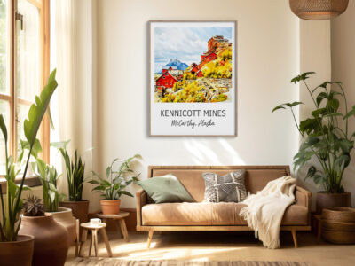 Sunny room with plants and Kennicott Mines poster.