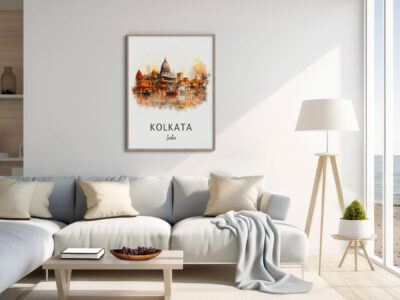 Cozy living room with Kolkata wall art.