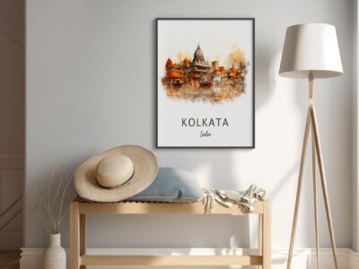 Kolkata painting, hat on bench, modern interior scene.