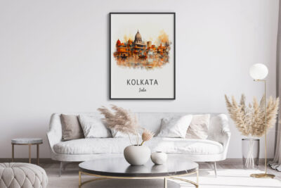 Modern living room with Kolkata art.