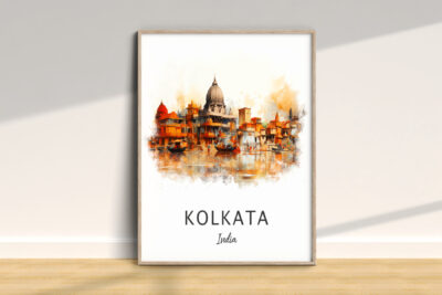 Watercolor painting of Kolkata, India, framed artwork.