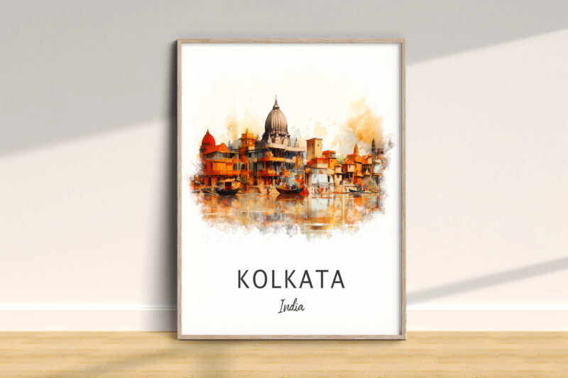 Watercolor painting of Kolkata, India, framed artwork.