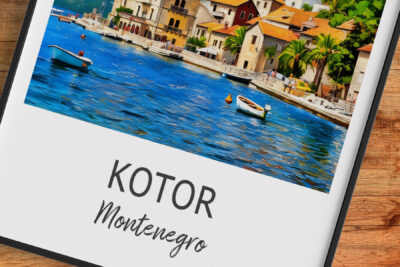 Scenic Kotor, Montenegro waterfront painting with boats.