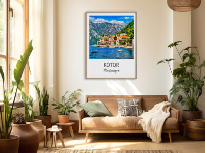 Cozy living room with Kotor Montenegro wall art