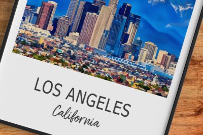 Los Angeles skyline print on wooden table