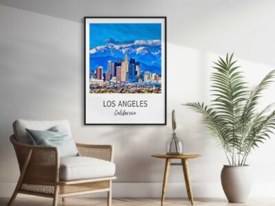 Los Angeles skyline poster in elegant room decor.