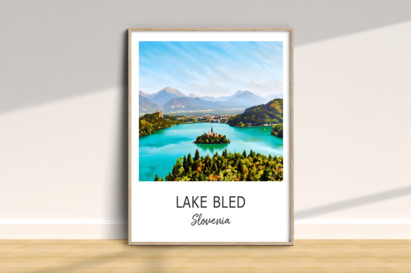 Framed painting of Lake Bled Slovenia landscape