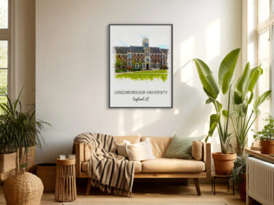 Cozy living room with Loughborough University wall art.