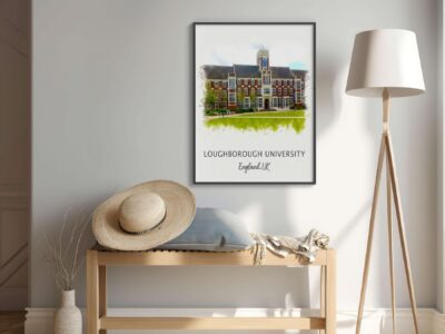 Loughborough University poster on wall in cozy room.