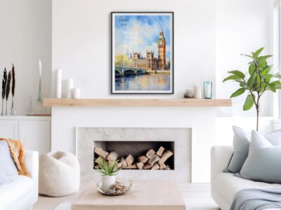 Modern living room with London artwork