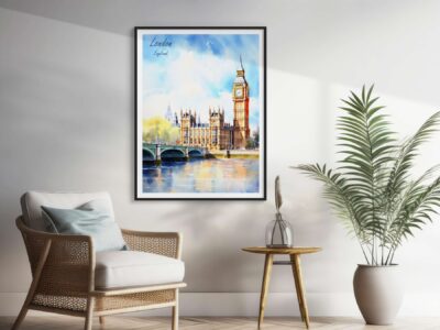 Cozy room with London painting on wall.