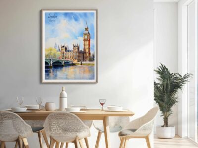 Framed Big Ben painting in modern dining area