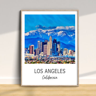 Los Angeles skyline with mountains in background