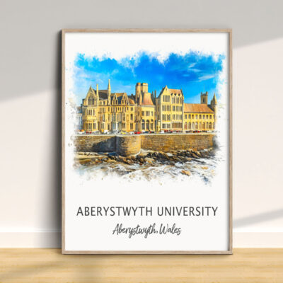 Aberystwyth University illustration in frame on floor.