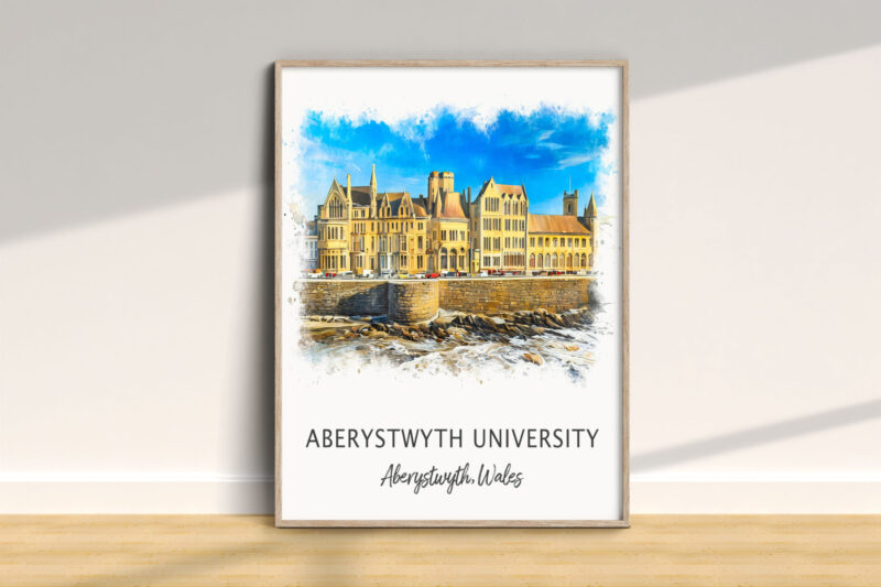 Aberystwyth University illustration in frame on floor.
