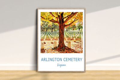 Autumn at Arlington Cemetery with gravestones.
