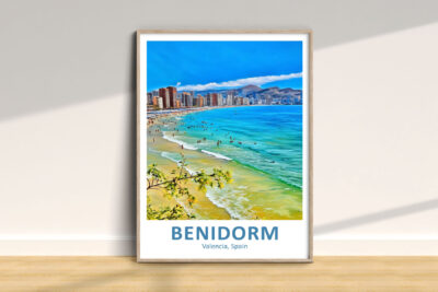 Framed poster of Benidorm beach, Valencia, Spain.