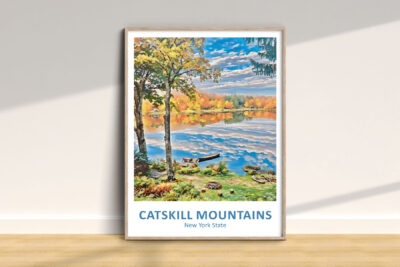 Catskill Mountains lake view in autumn colors.